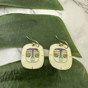 Laurel Burch Vintage 90s Dangle Earrings Mayan Lion Gold Tone Cream Square Art
